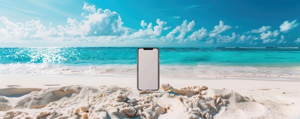 Wall Mural - mobile phone mockup on the tropical beach near sea, holiday internet concept panorama. generative ai