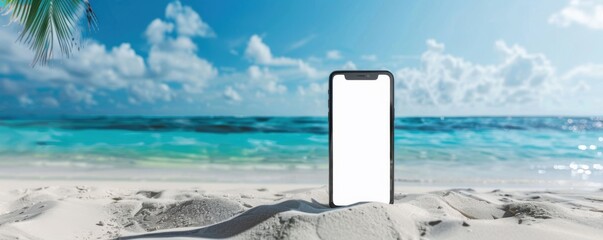 Wall Mural - mobile phone mockup on the tropical beach near sea, holiday internet concept panorama. generative ai