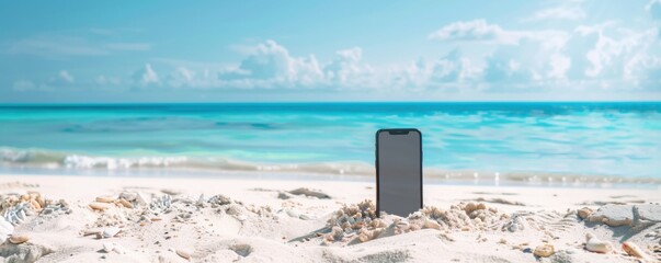 Wall Mural - mobile phone mockup on the tropical beach near sea, holiday internet concept panorama. generative ai