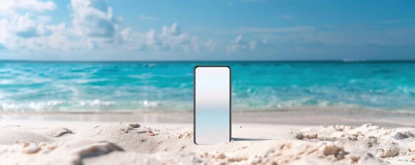 Wall Mural - mobile phone mockup on the tropical beach near sea, holiday internet concept panorama. generative ai