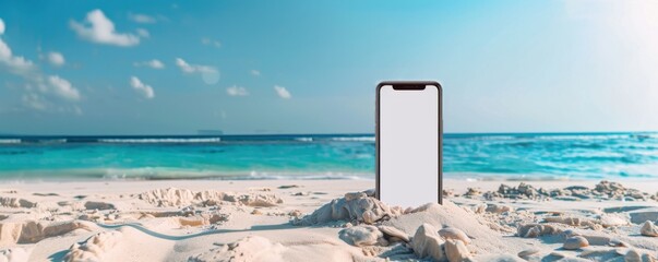 Wall Mural - mobile phone mockup on the tropical beach near sea, holiday internet concept panorama. generative ai
