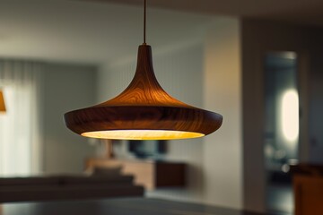 Poster - A contemporary pendant lamp with a wood-like finish hangs from the ceiling in a minimalist dining room. The lamp casts a warm glow, creating a cozy atmosphere