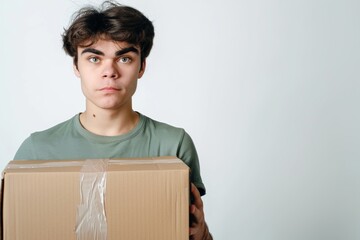 A young man with short, dark hair wears a green t-shirt and holds a cardboard box in front of him. He looks directly at the camera