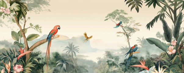Naklejka na meble Vintage wallpaper of a tropical woodland with vibrant parrots, ancient trees and distant horizons in pastel shades. mural art style. 
