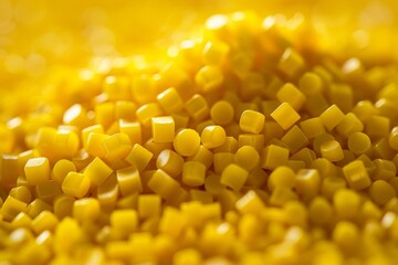 Poster - A close-up photograph of yellow plastic granules arranged in a shallow depth of field. The granules are neatly piled, highlighting their smooth texture