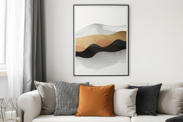 Poster - An overhead view of a modern living room with a white sofa and decorative pillows, featuring an abstract art poster hanging above