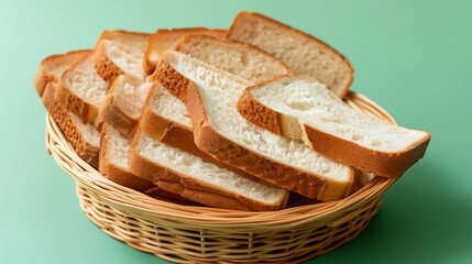 Slices of white bread with brown bread in a small wicker basket on green light green and lime background