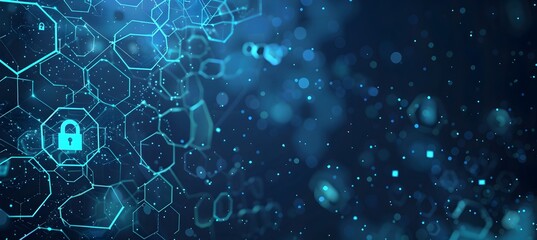Poster - A blue digital background with hexagons and padlock icons, representing data security in technology or cyber protection