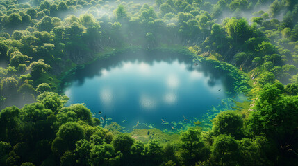 Wall Mural - Lush Green Forest Encircling Serene Blue Lake on Misty Morning