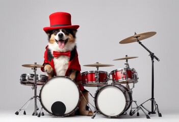 olated plays red musician the dog drum tie set white background bow hat boots drummer player play drumstick music melody rythm musical instrument paw entertainment performance