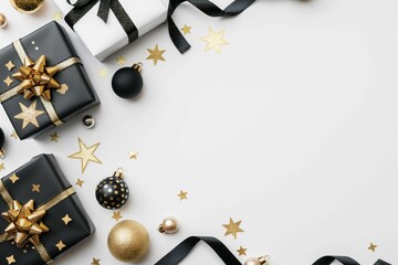 Wall Mural - festive christmas gold decorations on white background. christmas greeting card template, happy new 