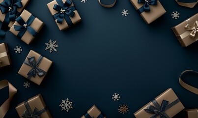 Wall Mural - festive christmas decorations on dark blue background. christmas greeting card template, happy new y