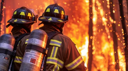 Wall Mural - Firefighters battling a forest fire. AI.