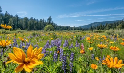 Poster - A field of yellow and purple wildflowers. AI.