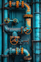 Canvas Print - Close-up of blue and orange pipes and valves. AI.