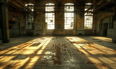 Canvas Print - Sunlight shining through the windows of an abandoned factory. AI.