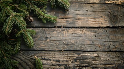 Poster - View from top of aged wooden surface with green spruce branch