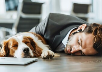 Poster - A man and his dog are sleeping on the floor in an office. AI.