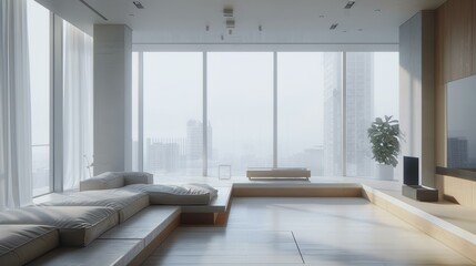 Poster - Modern living room interior with large windows and a city view. AI.