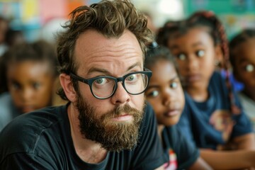 Wall Mural - Portrait of a bearded man wearing glasses with children in the background. AI.