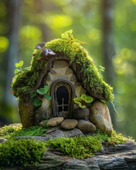 Poster - A small stone house covered in moss and tiny plants. AI.