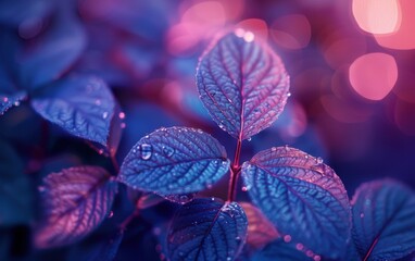 Wall Mural - A close up of a leaf with water droplets on it. The leaf is surrounded by a blue background, which gives the impression of a serene and peaceful scene