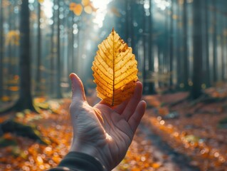 Canvas Print - Hand holding a fallen leaf in autumn. AI.