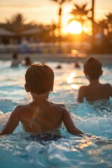 Wall Mural - Two boys swim in a pool while the sun sets. AI.