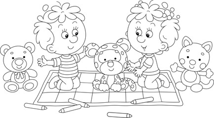 Wall Mural - Happy little girl and boy playing with funny soft toys on a checkered carpet in their nursery, black and white outline vector cartoon illustration for a coloring book page