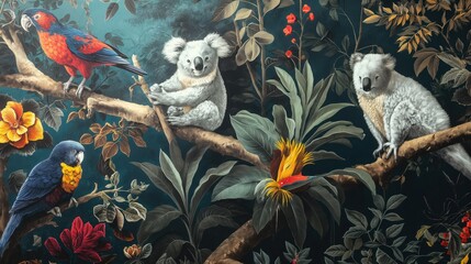 Vintage wallpaper of jungle scene with koalas and vibrant birds, pastel color, oil painting style. 