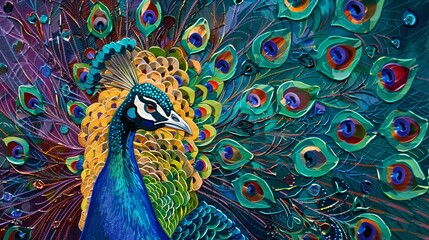 Wall Mural - Peacock's vibrant tail feathers are captured in a close-up shot.