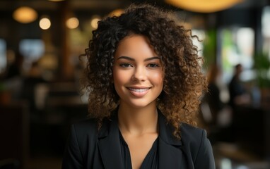 Wall Mural - A woman with curly hair is smiling and wearing a black suit. She is posing for a photo in a restaurant