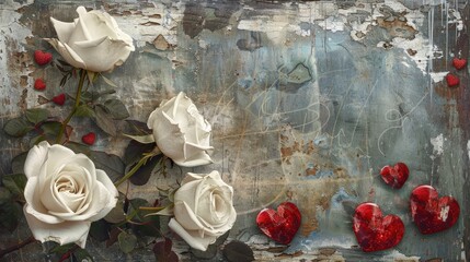 Canvas Print - Vintage rustic background with white roses and red hearts