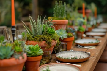 Outdoor table setting with succulents, cacti, and terracotta pots. White tablecloth, plates, silverware, and glasses ready for a festive banquet. Plants creates depth and perspective.