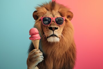 majestic lion wearing pink sunglasses holds ice cream cone on colorful studio background. lion pink 