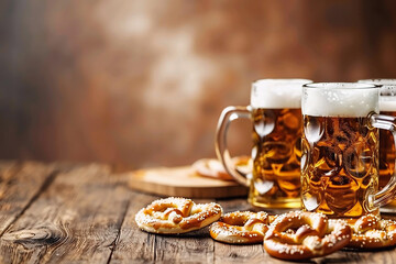 Wall Mural - Oktoberfest background, beer and pretzels on a wooden table