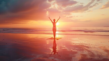 Poster - Silhouette of Woman Celebrating Sunset on the Beach