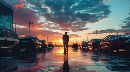 Wall Mural - car dealership businessman with a great sunset view