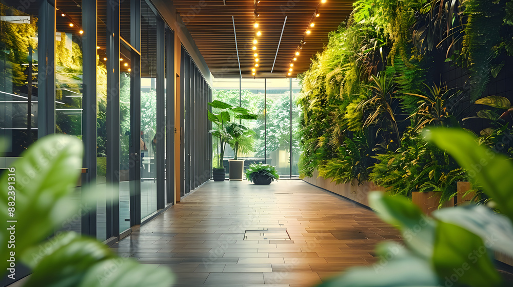 Green, sustainable and environmental office space with daily employee rush. Modern and nature friendly startup business with ESG standards and care for worker wellness and healthy environment.