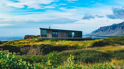 Wall Mural - A small house on top of a hill overlooking the ocean.