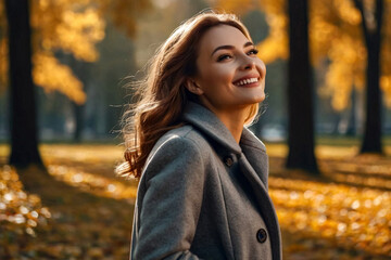 Perfect smiling lady in grey coat posing in autumn park, looking up away. Portrait of happy young woman enjoying on fresh air on September fall day. Leisure activity concept. Copy ad text space