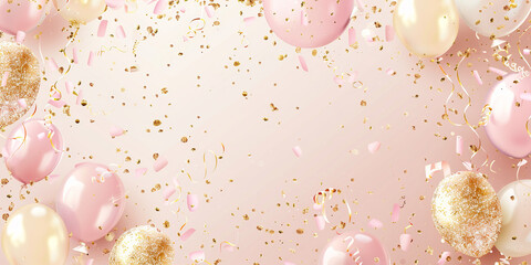 A banner background perfect for a birthday celebration features a delightful combination of pastel pink and gold confetti and balloons