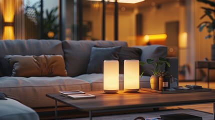 Wall Mural - Interior of modern living room with grey sofa, wooden coffee table and glowing lamps at evening 