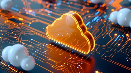 Cloud icons symbolizing data storage, overlaid on an intricate circuit board with glowing pathways