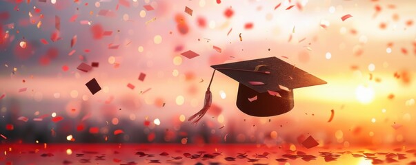 Wall Mural - Graduation cap with confetti, education school concept panorama banner. Generative AI.