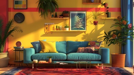 Wall Mural - Modern and colorful interior of living room with design boucle sofa, mock up poster, shelf, plants, decorations and personal stuff. Home decor.