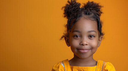 charming portrait of a young girl with afro puffs smiling against vibrant orange background. Her joyful expression and bright attire exude happiness and innocence. Perfect for children and lifestyle