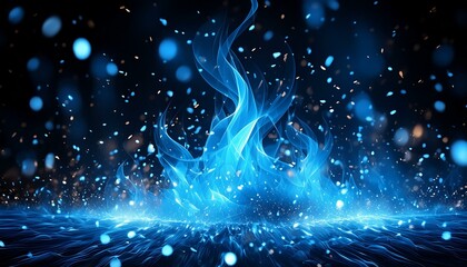 blue fire embers particles with flame over black background