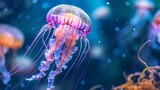 The jellyfish in the aquarium glow with vibrant lights.