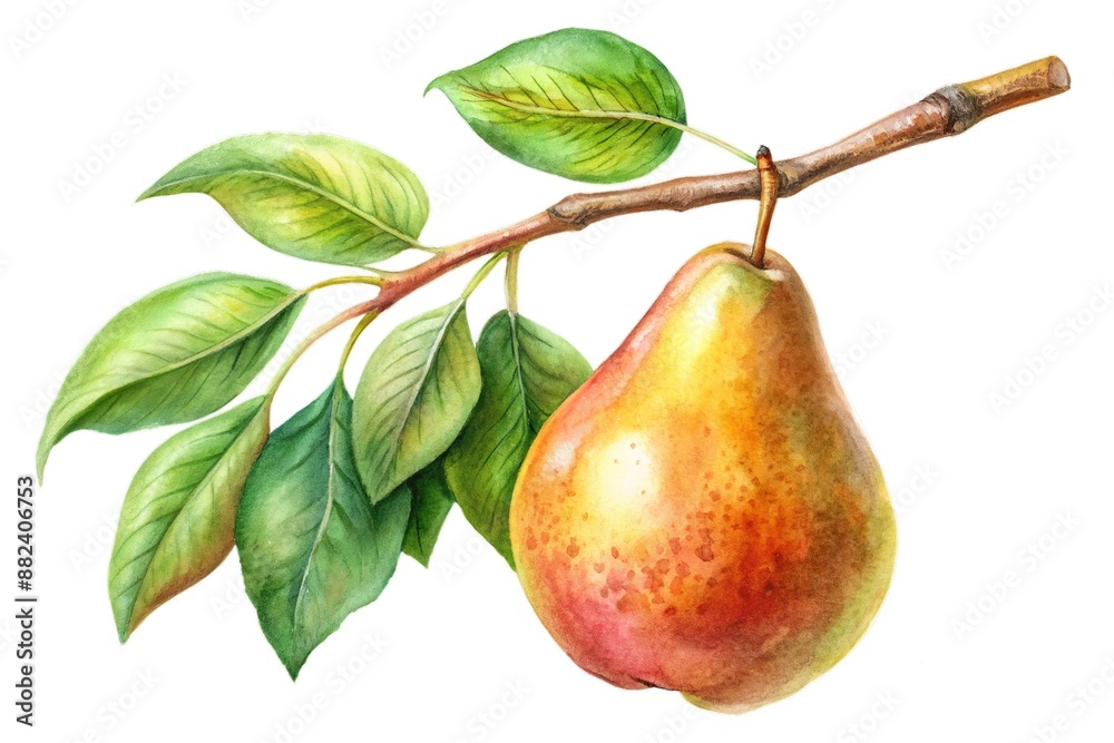 Isolated pears. Fresh whole pear fruit with leaf on a branch isolated ...